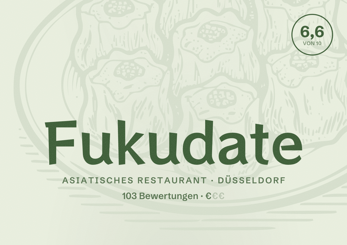 Illustriertes Poster von Fukudate, Asiatisches Restaurant in Düsseldorf: Bewertung 6,6 von 10 aus 103 Bewertungen, Preisniveau €