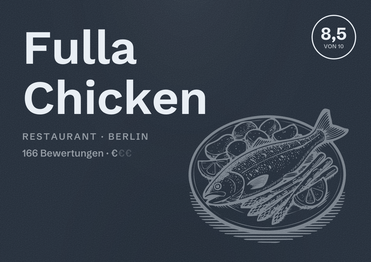 Illustriertes Poster von Fulla Chicken, Restaurant in Berlin: Bewertung 8,5 von 10 aus 166 Bewertungen, Preisniveau €