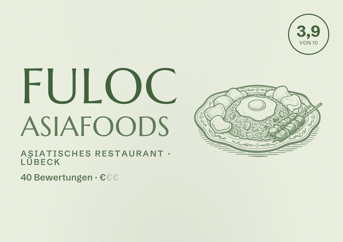 Illustriertes Poster von Fuloc asiafoods, Asiatisches Restaurant in Lübeck: Bewertung 3,9 von 10 aus 40 Bewertungen, Preisniveau €