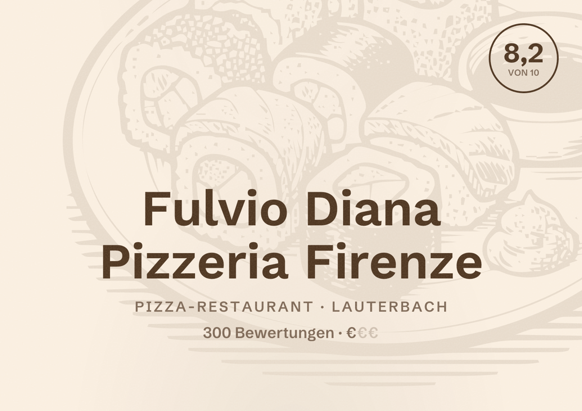 Illustriertes Poster von Fulvio Diana Pizzeria Firenze, Pizza-Restaurant in Lauterbach: Bewertung 8,2 von 10 aus 300 Bewertungen, Preisniveau €
