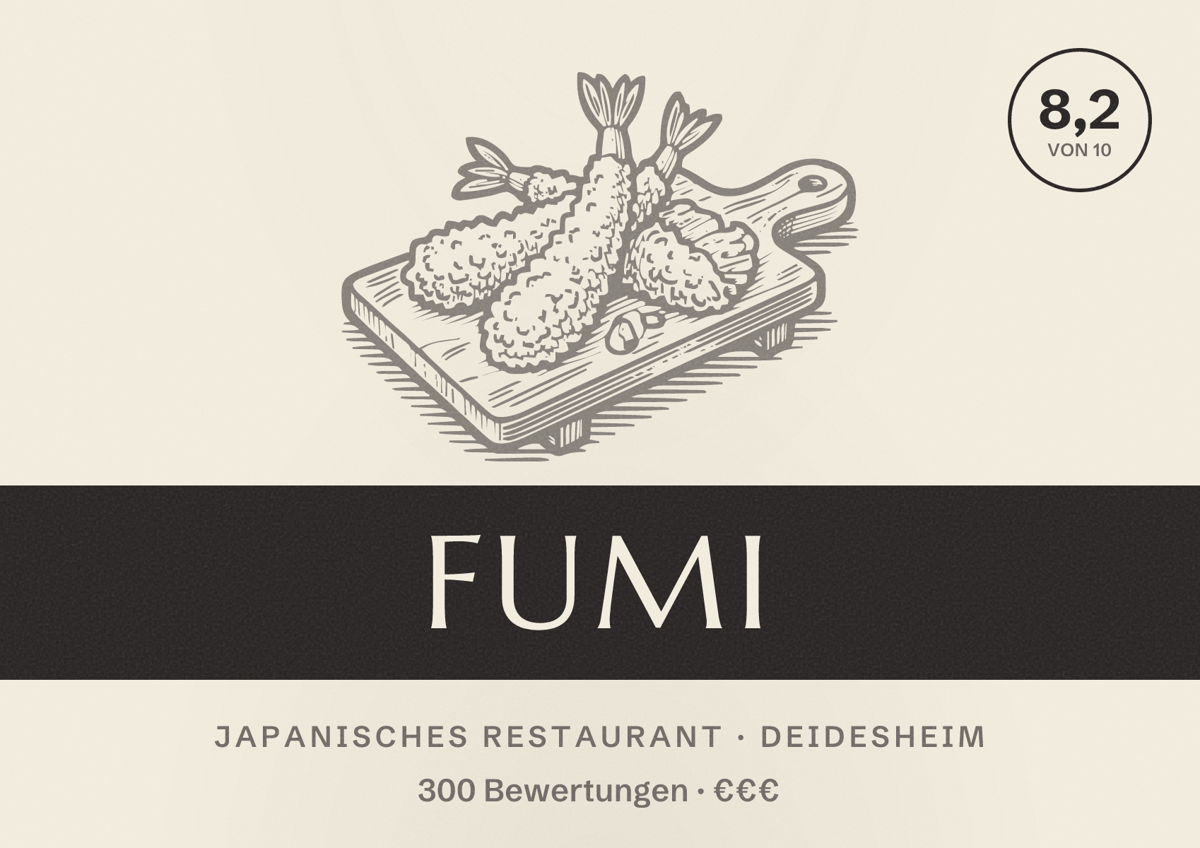 Illustriertes Poster von fumi, Japanisches Restaurant in Deidesheim: Bewertung 8,2 von 10 aus 300 Bewertungen, Preisniveau €€€