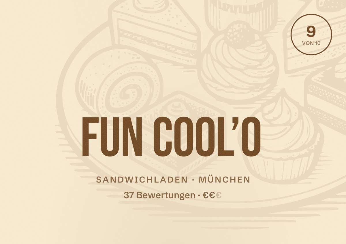 Illustriertes Poster von Fun Cool’o, Sandwichladen in München: Bewertung 9,0 von 10 aus 37 Bewertungen, Preisniveau €€