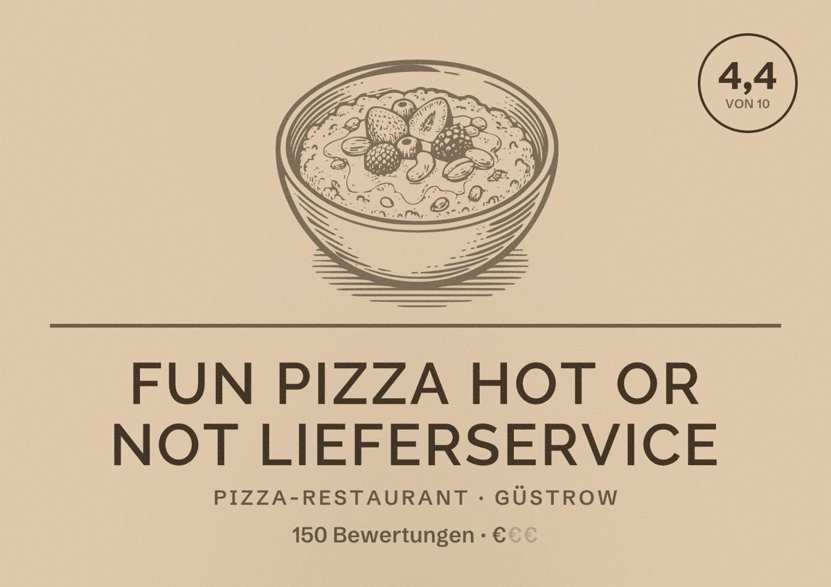 Illustriertes Poster von Fun Pizza Hot or Not Lieferservice, Pizza-Restaurant in Güstrow: Bewertung 4,4 von 10 aus 150 Bewertungen, Preisniveau €