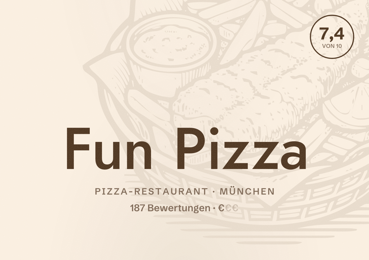 Illustriertes Poster von Fun Pizza, Pizza-Restaurant in München: Bewertung 7,4 von 10 aus 187 Bewertungen, Preisniveau €