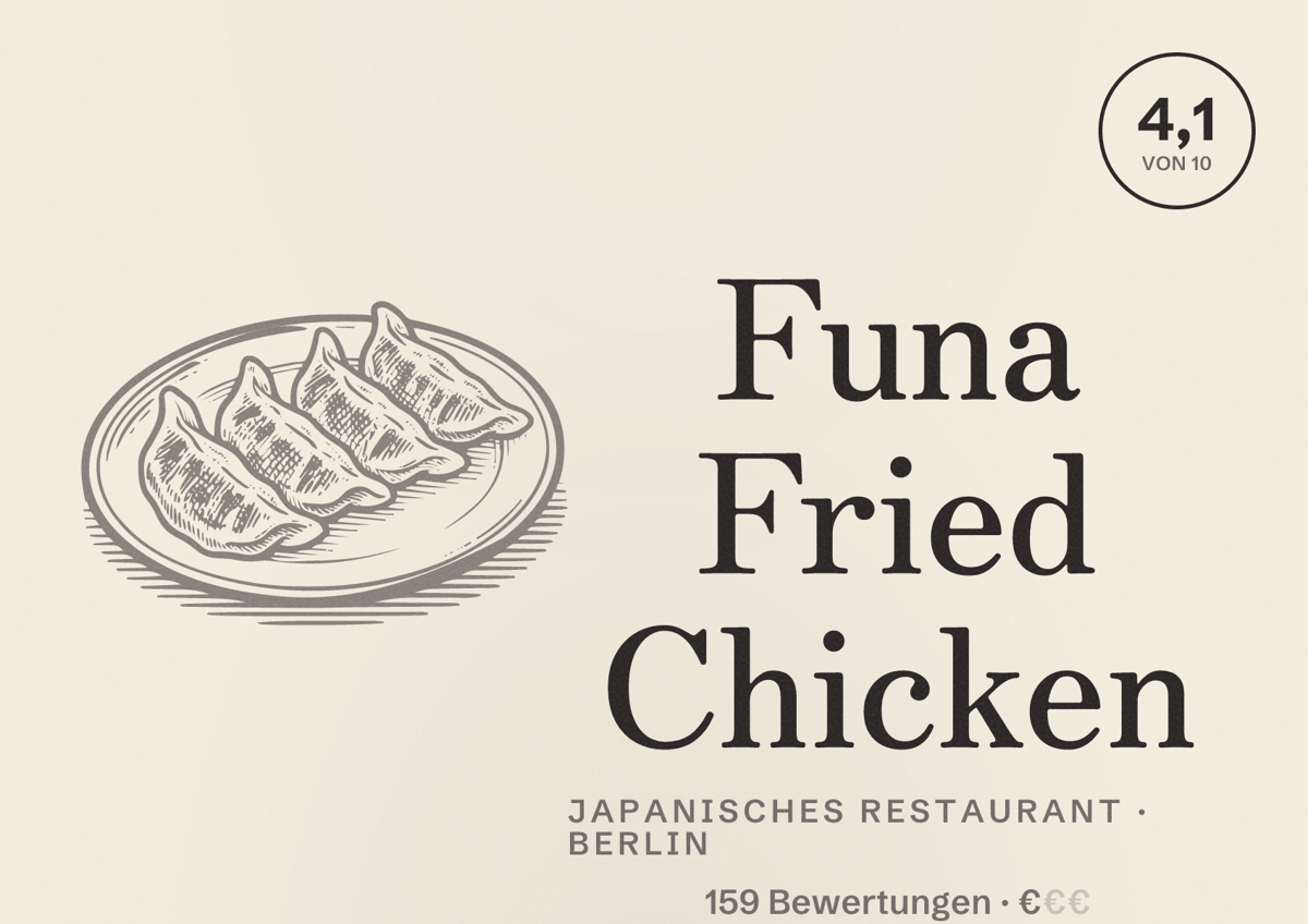 Illustriertes Poster von Funa Fried Chicken, Japanisches Restaurant in Berlin: Bewertung 4,1 von 10 aus 159 Bewertungen, Preisniveau €