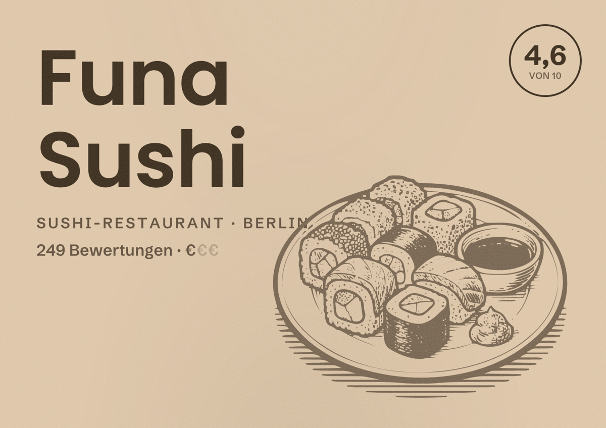 Illustriertes Poster von Funa Sushi, Sushi-Restaurant in Berlin: Bewertung 4,6 von 10 aus 249 Bewertungen, Preisniveau €