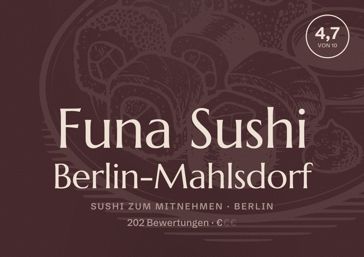 Illustriertes Poster von Funa Sushi Berlin-Mahlsdorf, Sushi zum Mitnehmen in Berlin: Bewertung 4,7 von 10 aus 202 Bewertungen, Preisniveau €