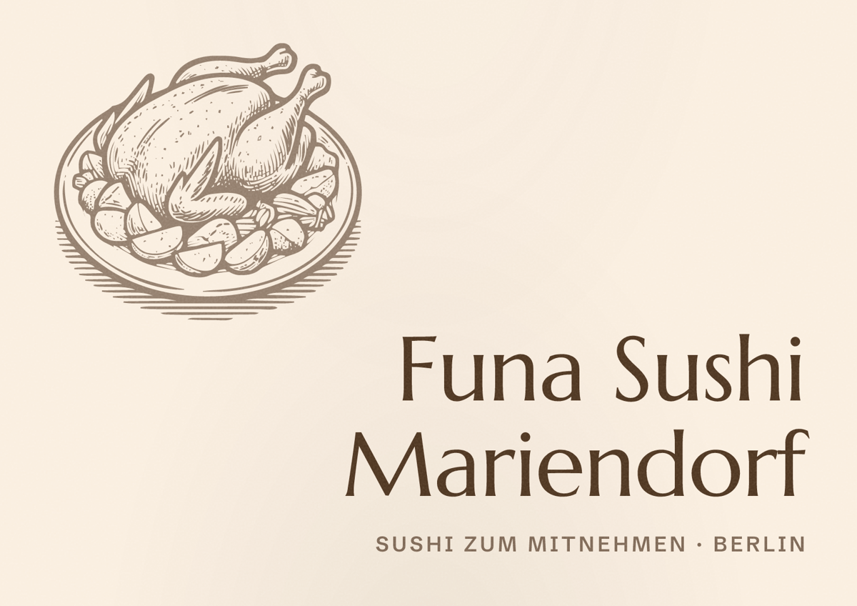Illustriertes Poster von Funa Sushi Mariendorf, Sushi zum Mitnehmen in Berlin