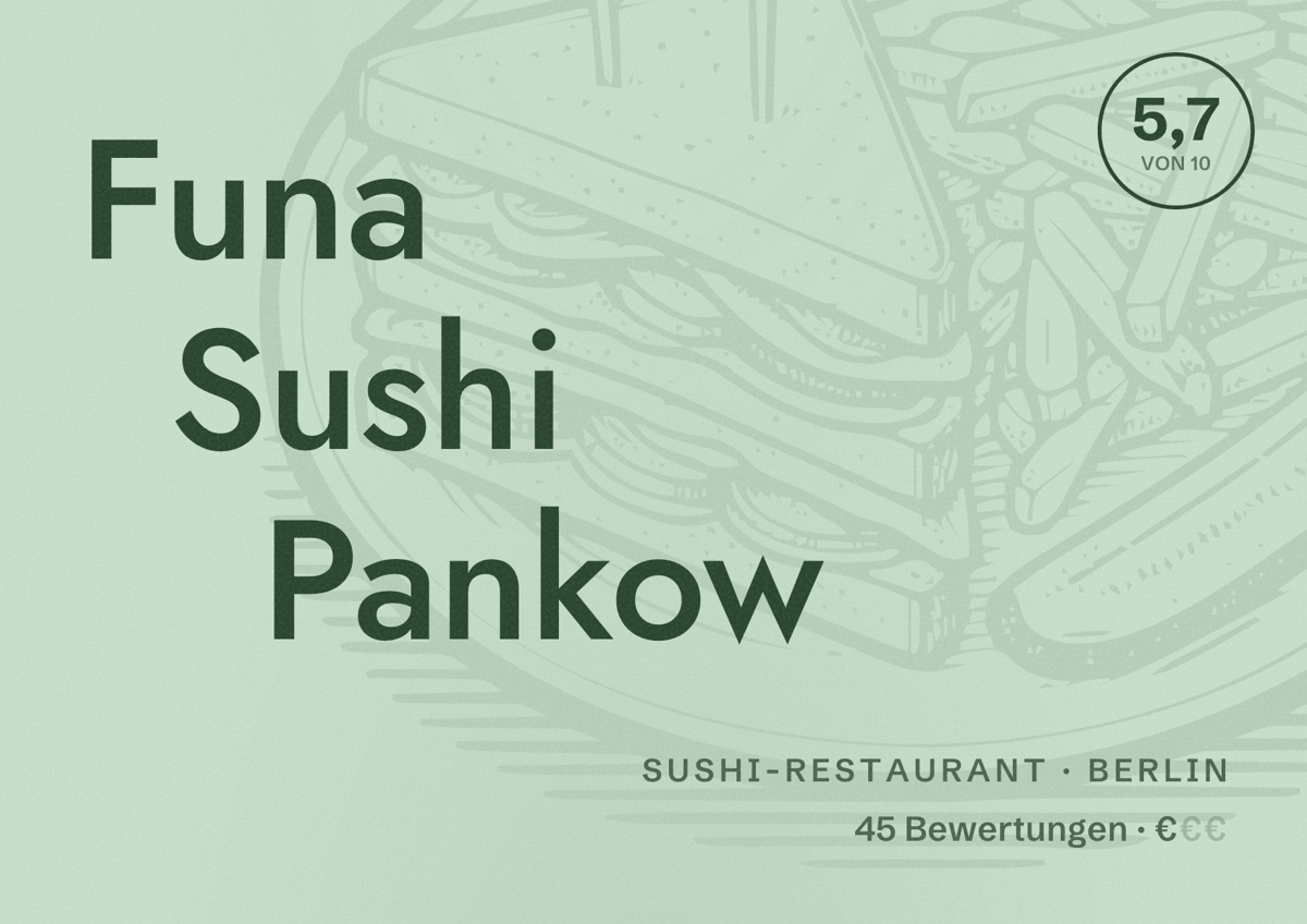 Illustriertes Poster von Funa Sushi Pankow, Sushi-Restaurant in Berlin: Bewertung 5,7 von 10 aus 45 Bewertungen, Preisniveau €
