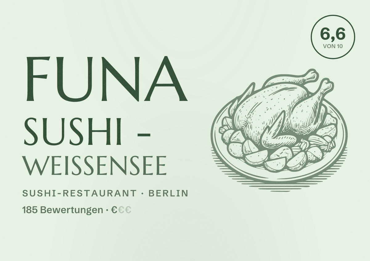 Illustriertes Poster von Funa Sushi - Weissensee, Sushi-Restaurant in Berlin: Bewertung 6,6 von 10 aus 185 Bewertungen, Preisniveau €