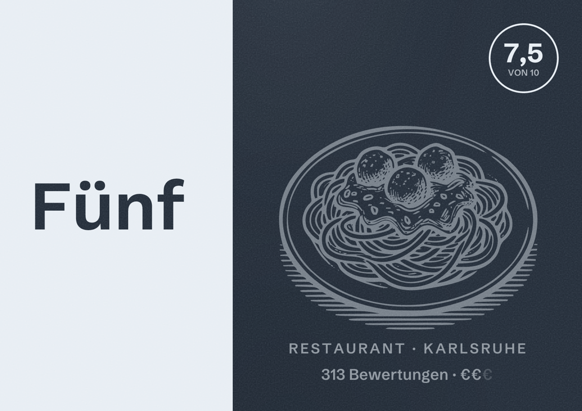 Illustriertes Poster von Fünf, Restaurant in Karlsruhe: Bewertung 7,5 von 10 aus 313 Bewertungen, Preisniveau €€