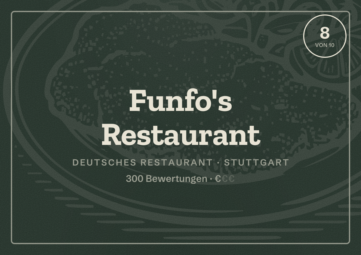 Illustriertes Poster von Funfo's Restaurant, Deutsches Restaurant in Stuttgart: Bewertung 8,0 von 10 aus 300 Bewertungen, Preisniveau €