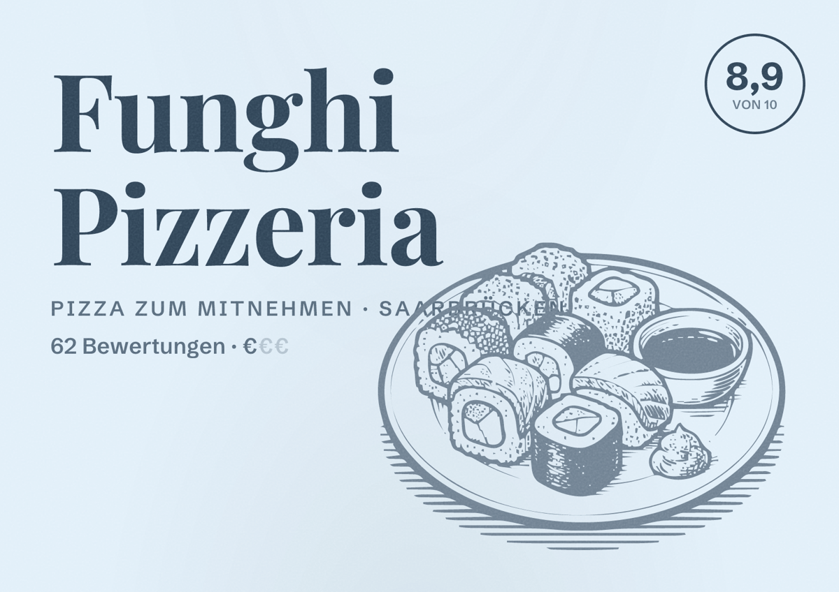 Illustriertes Poster von Funghi Pizzeria, Pizza zum Mitnehmen in Saarbrücken: Bewertung 8,9 von 10 aus 62 Bewertungen, Preisniveau €