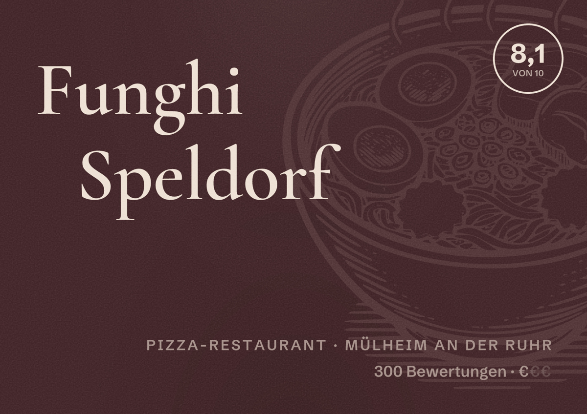 Illustriertes Poster von Funghi Speldorf, Pizza-Restaurant in Mülheim an der Ruhr: Bewertung 8,1 von 10 aus 300 Bewertungen, Preisniveau €