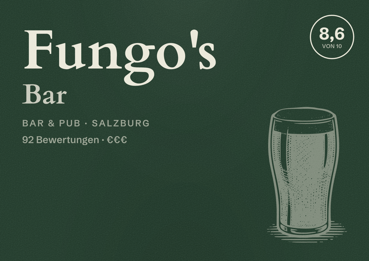 Illustriertes Poster von Fungo's Bar, Bar & Pub in Salzburg: Bewertung 8,6 von 10 aus 92 Bewertungen, Preisniveau €€€
