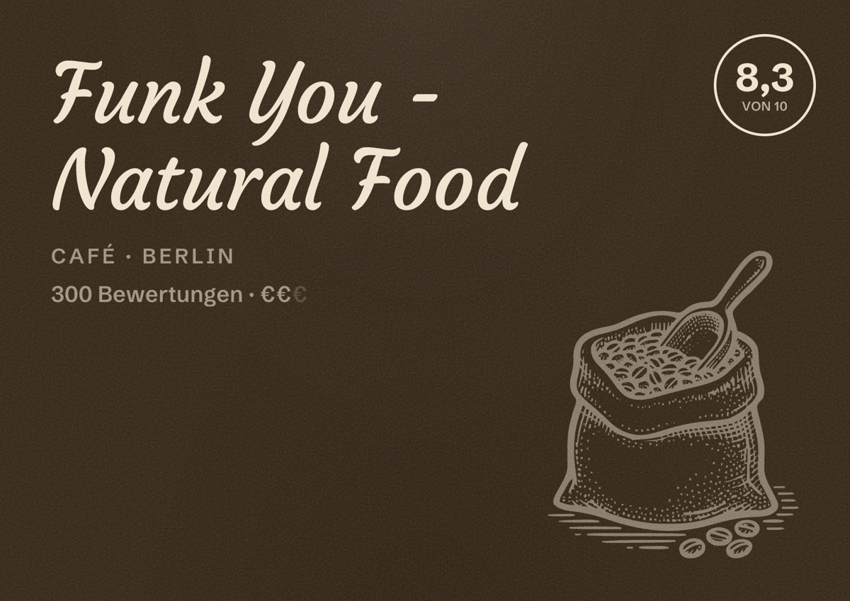 Illustriertes Poster von Funk You - Natural Food, Café in Berlin: Bewertung 8,3 von 10 aus 300 Bewertungen, Preisniveau €€