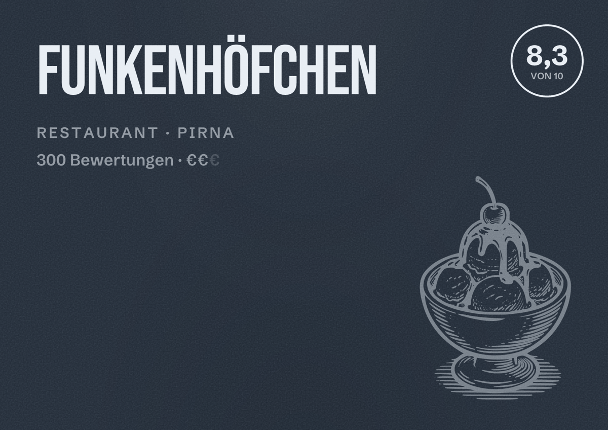 Illustriertes Poster von Funkenhöfchen, Restaurant in Pirna: Bewertung 8,3 von 10 aus 300 Bewertungen, Preisniveau €€