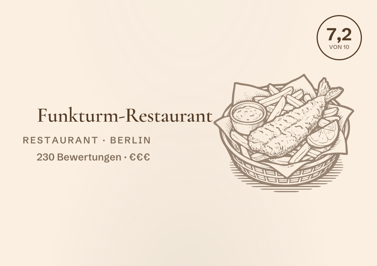 Illustriertes Poster von Funkturm-Restaurant, Restaurant in Berlin: Bewertung 7,2 von 10 aus 230 Bewertungen, Preisniveau €€€