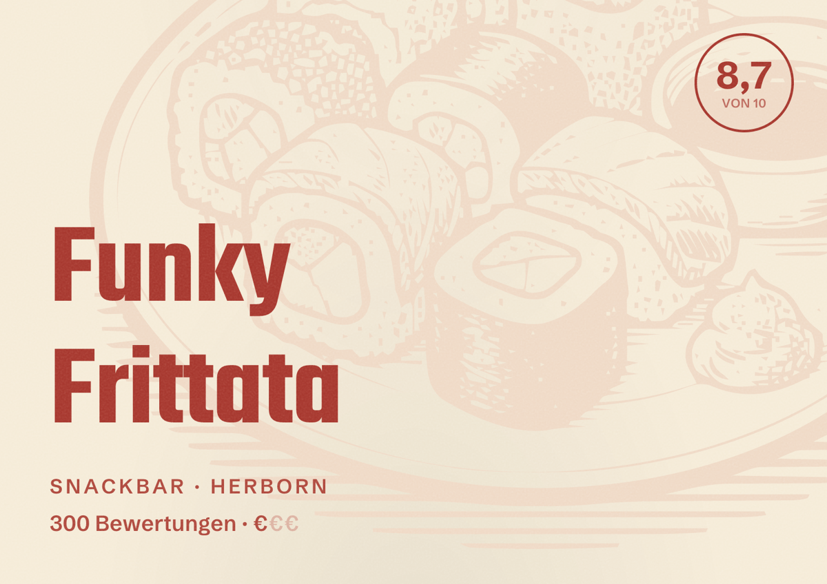 Illustriertes Poster von Funky Frittata, Snackbar in Herborn: Bewertung 8,7 von 10 aus 300 Bewertungen, Preisniveau €