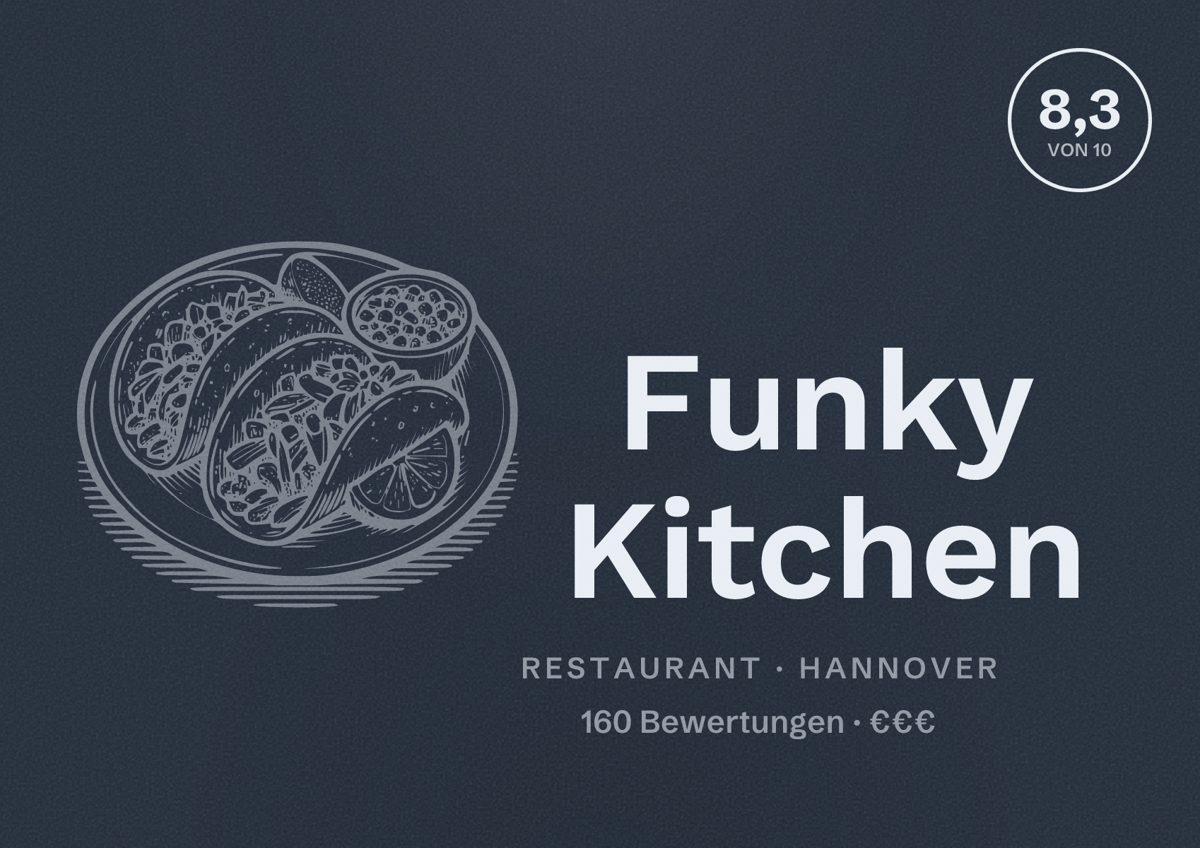 Illustriertes Poster von Funky Kitchen, Restaurant in Hannover: Bewertung 8,3 von 10 aus 160 Bewertungen, Preisniveau €€€
