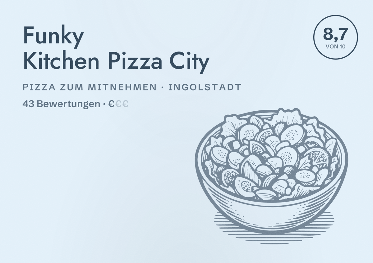 Illustriertes Poster von Funky Kitchen Pizza City, Pizza zum Mitnehmen in Ingolstadt: Bewertung 8,7 von 10 aus 43 Bewertungen, Preisniveau €