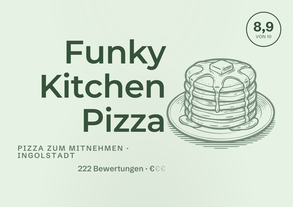 Illustriertes Poster von Funky Kitchen Pizza, Pizza zum Mitnehmen in Ingolstadt: Bewertung 8,9 von 10 aus 222 Bewertungen, Preisniveau €