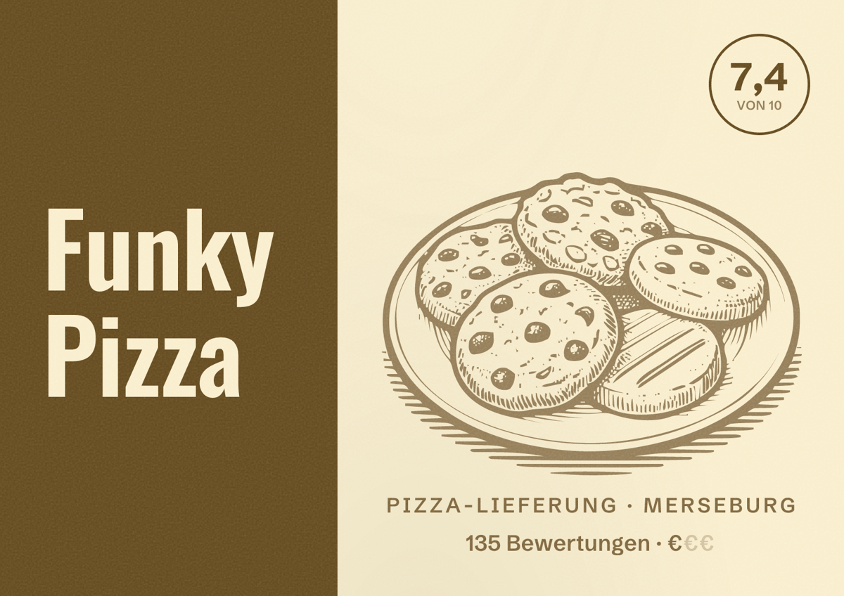 Illustriertes Poster von Funky Pizza, Pizza-Lieferung in Merseburg: Bewertung 7,4 von 10 aus 135 Bewertungen, Preisniveau €