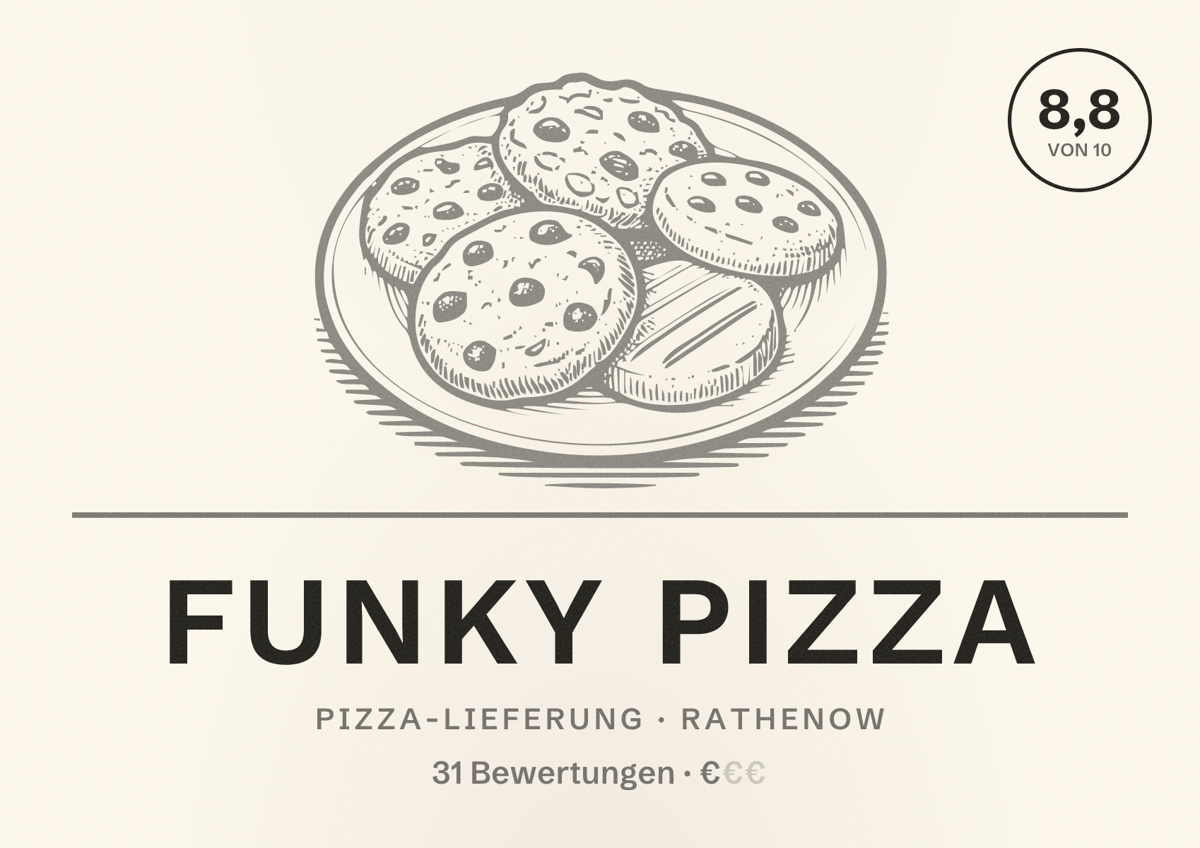 Illustriertes Poster von Funky Pizza, Pizza-Lieferung in Rathenow: Bewertung 8,8 von 10 aus 31 Bewertungen, Preisniveau €