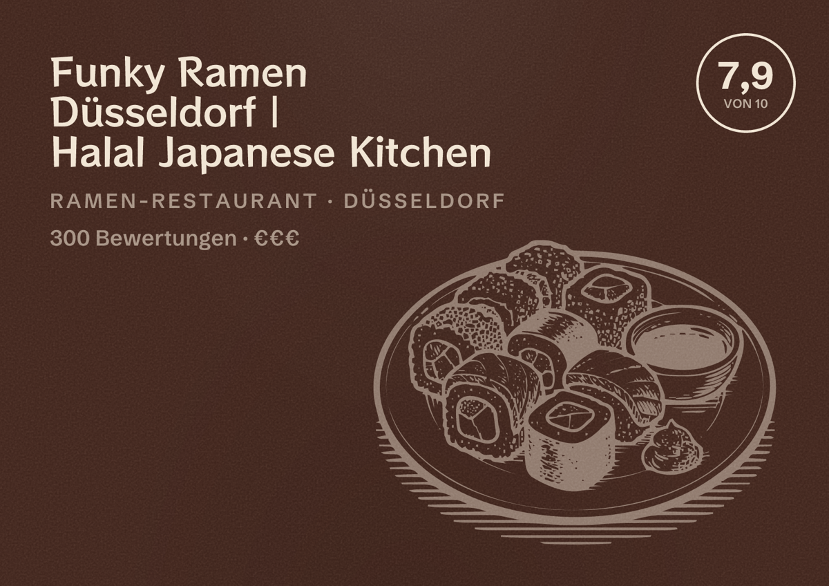 Illustriertes Poster von Funky Ramen Düsseldorf | Halal Japanese Kitchen, Ramen-Restaurant in Düsseldorf: Bewertung 7,9 von 10 aus 300 Bewertungen, Preisniveau €€€