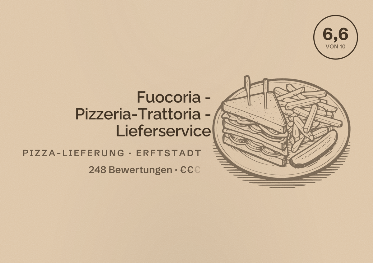 Illustriertes Poster von Fuocoria - Pizzeria-Trattoria - Lieferservice, Pizza-Lieferung in Erftstadt: Bewertung 6,6 von 10 aus 248 Bewertungen, Preisniveau €€