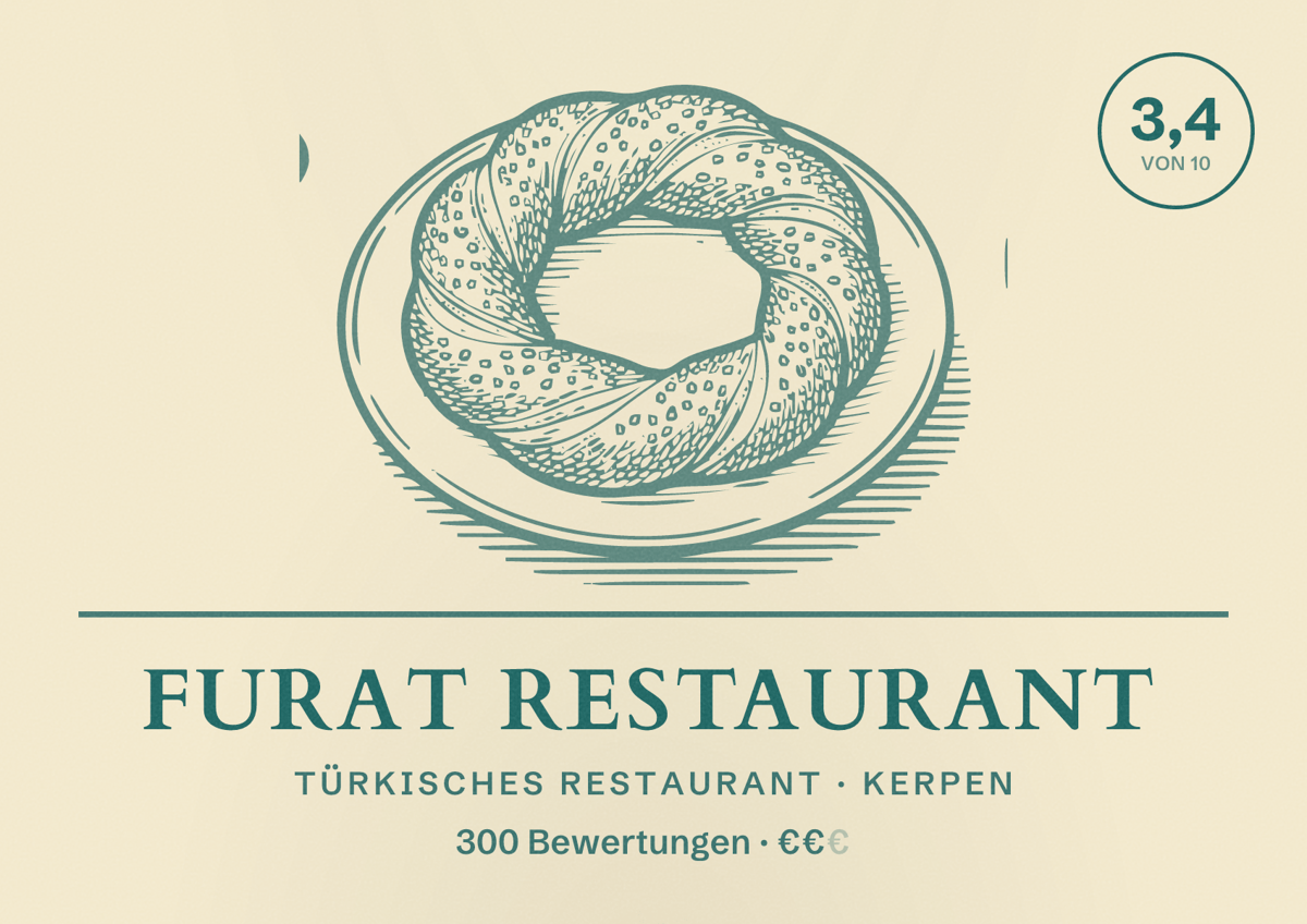 Illustriertes Poster von FURAT Restaurant, Türkisches Restaurant in Kerpen: Bewertung 3,4 von 10 aus 300 Bewertungen, Preisniveau €€