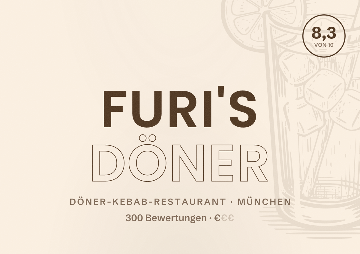 Illustriertes Poster von FURI'S DÖNER, Döner-Kebab-Restaurant in München: Bewertung 8,3 von 10 aus 300 Bewertungen, Preisniveau €
