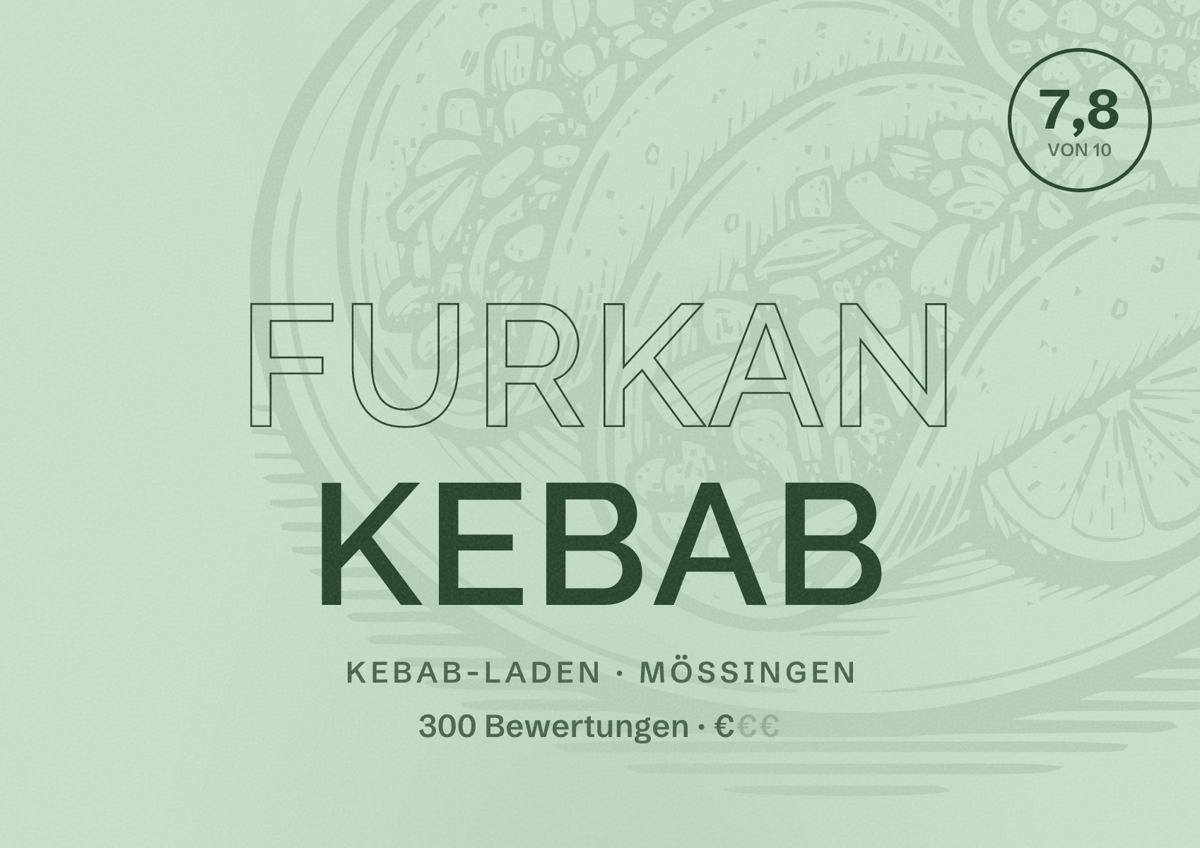 Illustriertes Poster von Furkan Kebab, Kebab-Laden in Mössingen: Bewertung 7,8 von 10 aus 300 Bewertungen, Preisniveau €