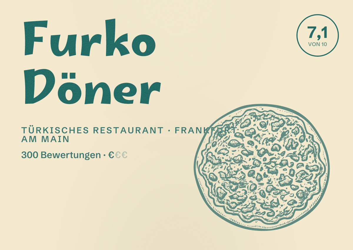 Illustriertes Poster von Furko Döner, Türkisches Restaurant in Frankfurt am Main: Bewertung 7,1 von 10 aus 300 Bewertungen, Preisniveau €