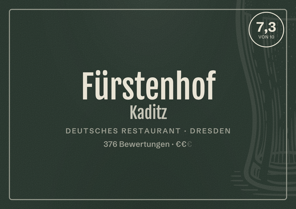 Illustriertes Poster von Fürstenhof Kaditz, Deutsches Restaurant in Dresden: Bewertung 7,3 von 10 aus 376 Bewertungen, Preisniveau €€