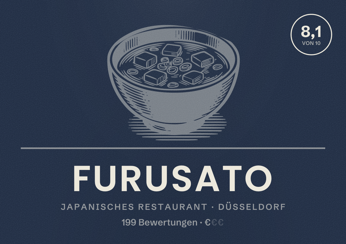 Illustriertes Poster von Furusato, Japanisches Restaurant in Düsseldorf: Bewertung 8,1 von 10 aus 199 Bewertungen, Preisniveau €