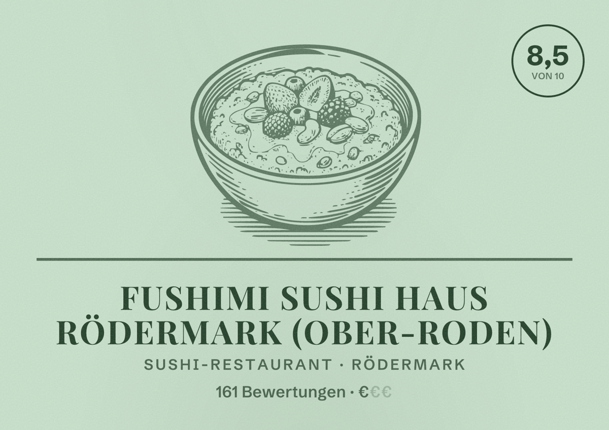 Illustriertes Poster von Fushimi Sushi Haus Rödermark (Ober-Roden), Sushi-Restaurant in Rödermark: Bewertung 8,5 von 10 aus 161 Bewertungen, Preisniveau €