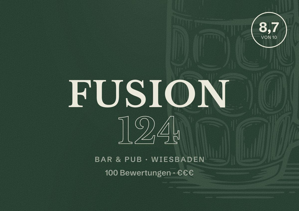 Illustriertes Poster von Fusion 124, Bar & Pub in Wiesbaden: Bewertung 8,7 von 10 aus 100 Bewertungen, Preisniveau €€€