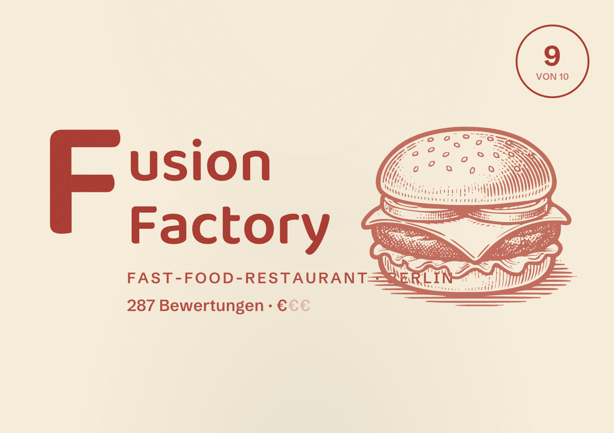 Illustriertes Poster von Fusion Factory, Fast-Food-Restaurant in Berlin: Bewertung 9,0 von 10 aus 287 Bewertungen, Preisniveau €