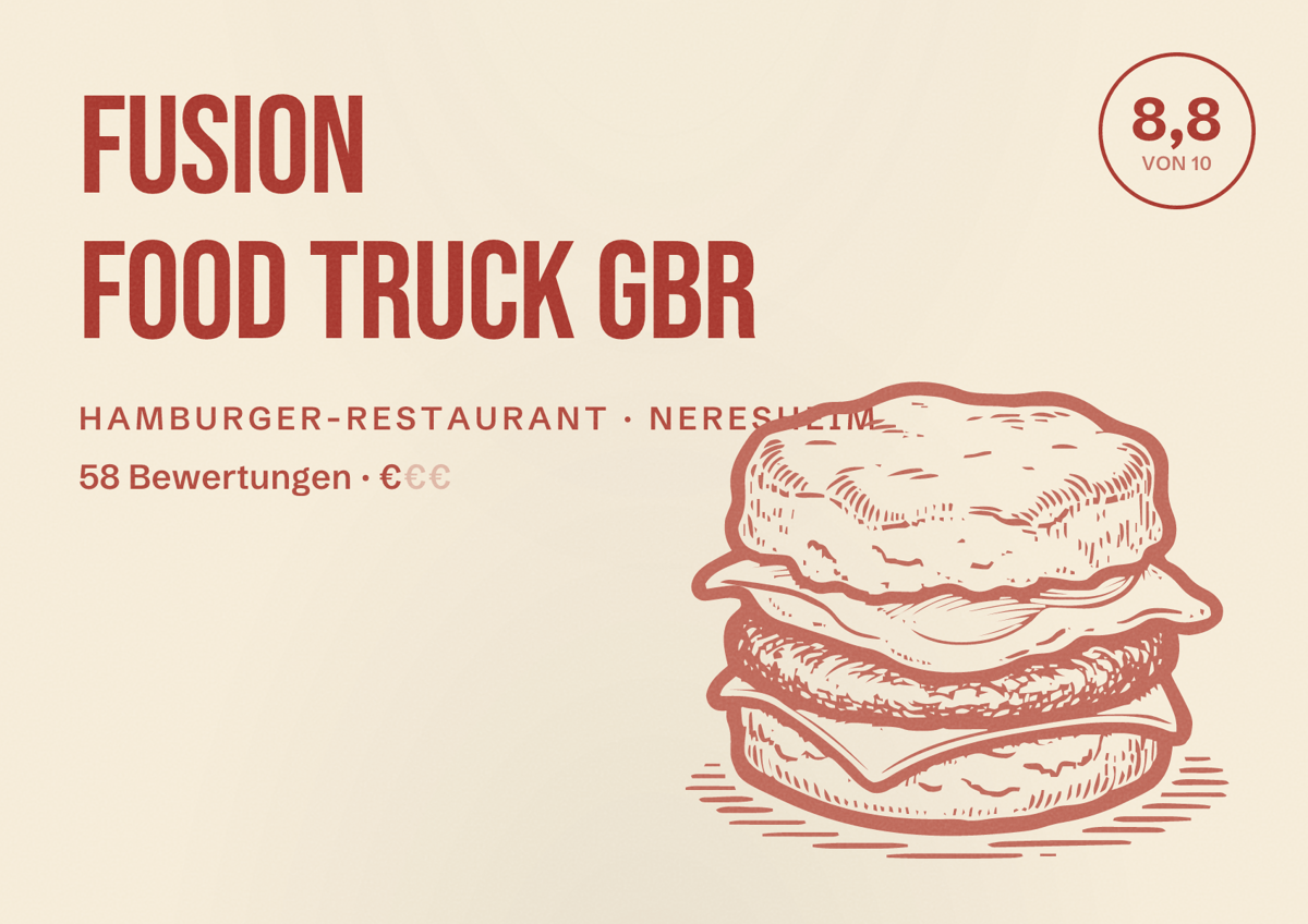 Illustriertes Poster von Fusion Food Truck GbR, Hamburger-Restaurant in Neresheim: Bewertung 8,8 von 10 aus 58 Bewertungen, Preisniveau €