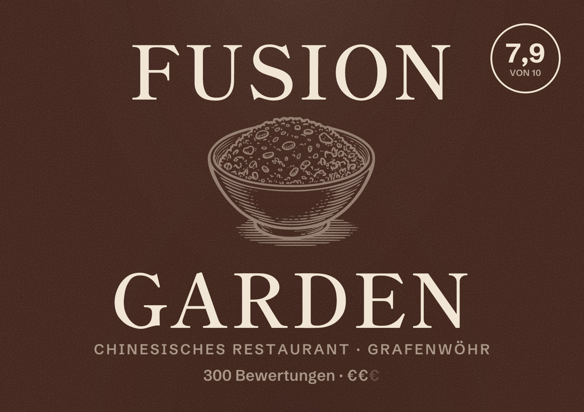 Illustriertes Poster von Fusion Garden, Chinesisches Restaurant in Grafenwöhr: Bewertung 7,9 von 10 aus 300 Bewertungen, Preisniveau €€