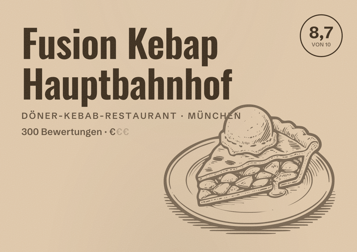 Illustriertes Poster von Fusion Kebap Hauptbahnhof, Döner-Kebab-Restaurant in München: Bewertung 8,7 von 10 aus 300 Bewertungen, Preisniveau €