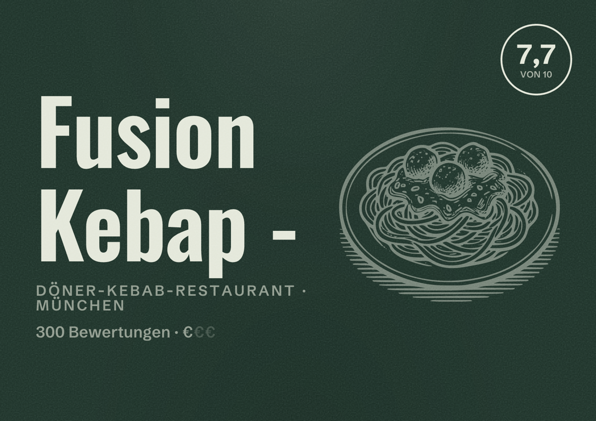 Illustriertes Poster von Fusion Kebap -, Döner-Kebab-Restaurant in München: Bewertung 7,7 von 10 aus 300 Bewertungen, Preisniveau €