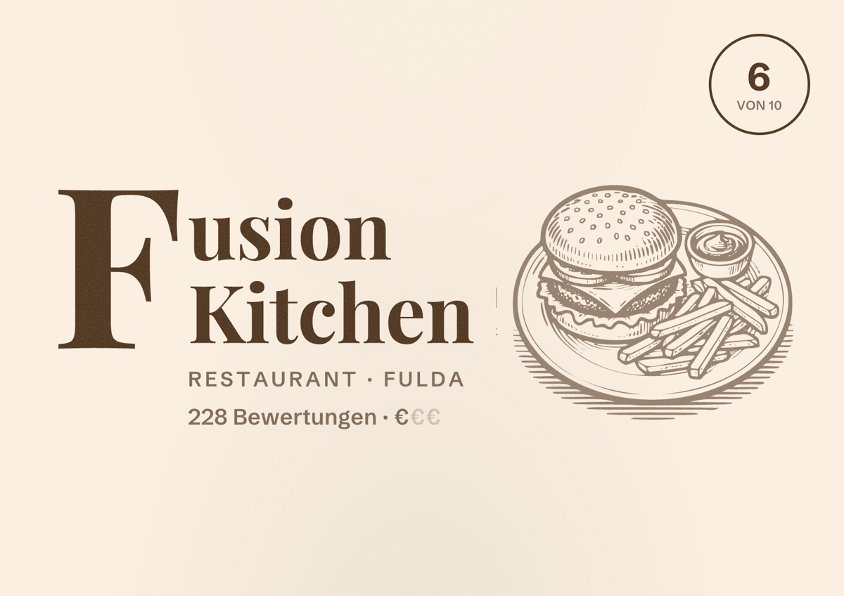 Illustriertes Poster von Fusion Kitchen, Restaurant in Fulda: Bewertung 6 von 10 aus 228 Bewertungen, Preisniveau €