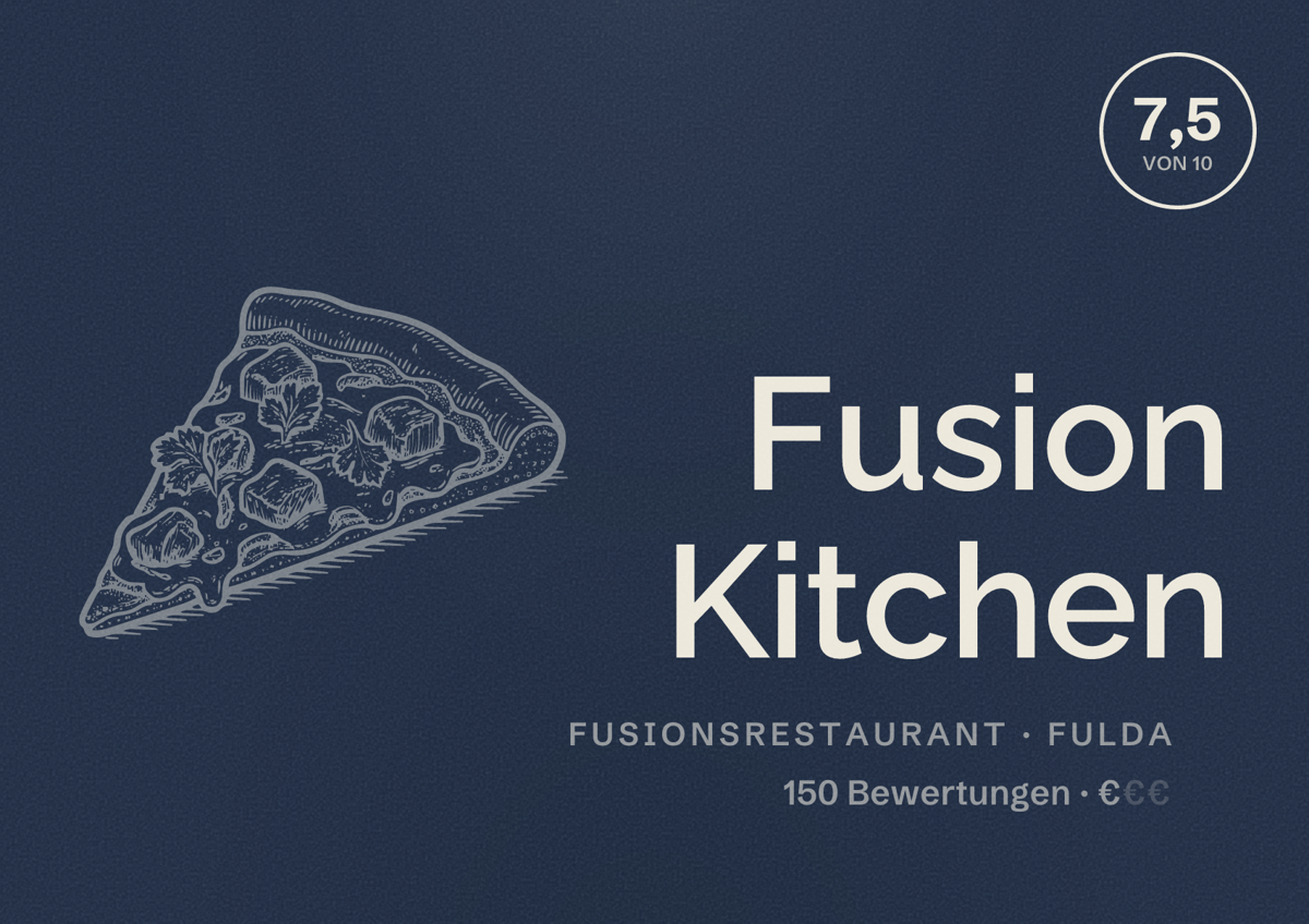 Illustriertes Poster von Fusion Kitchen, Fusionsrestaurant in Fulda: Bewertung 7,5 von 10 aus 150 Bewertungen, Preisniveau €
