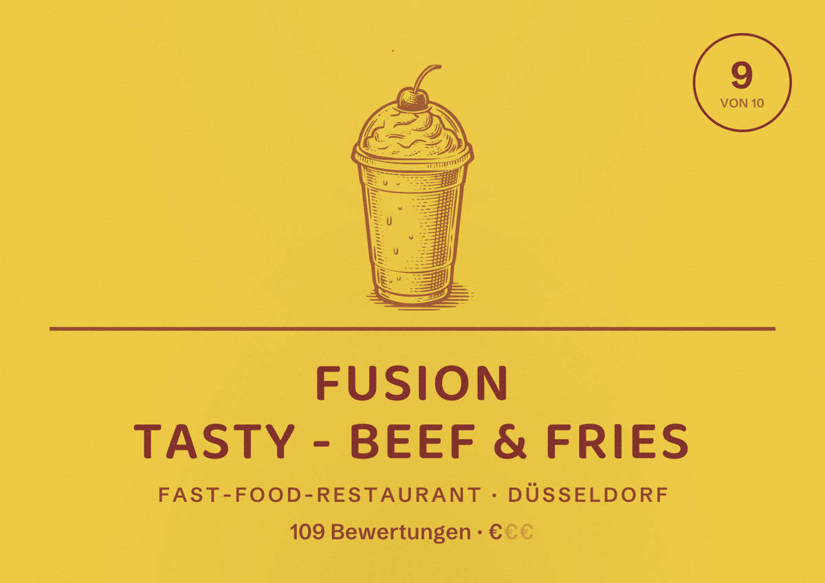Illustriertes Poster von Fusion Tasty - Beef & Fries, Fast-Food-Restaurant in Düsseldorf: Bewertung 9,0 von 10 aus 109 Bewertungen, Preisniveau €