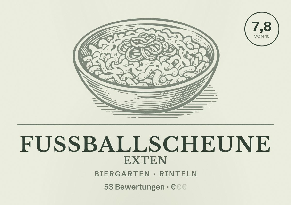 Illustriertes Poster von Fußballscheune Exten, Biergarten in Rinteln: Bewertung 7,8 von 10 aus 53 Bewertungen, Preisniveau €