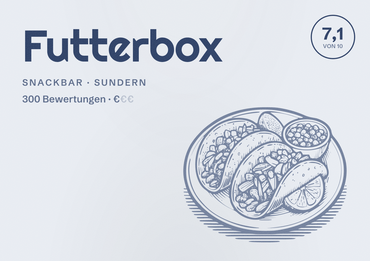 Illustriertes Poster von Futterbox, Snackbar in Sundern: Bewertung 7,1 von 10 aus 300 Bewertungen, Preisniveau €