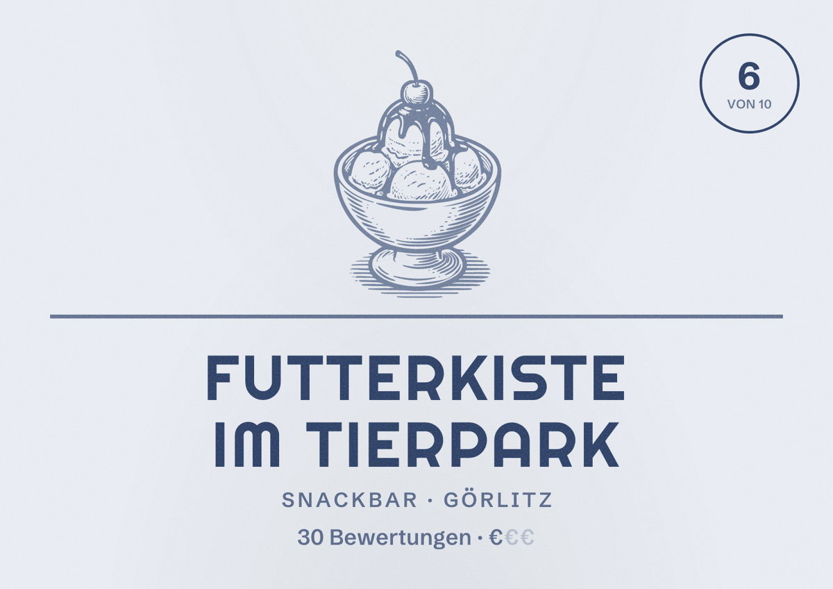 Illustriertes Poster von Futterkiste im Tierpark, Snackbar in Görlitz: Bewertung 6 von 10 aus 30 Bewertungen, Preisniveau €