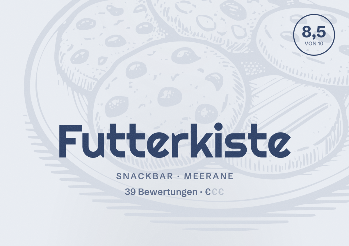 Illustriertes Poster von Futterkiste, Snackbar in Meerane: Bewertung 8,5 von 10 aus 39 Bewertungen, Preisniveau €